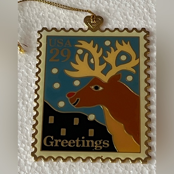 Winco Reindeer Greetings 29c US Postage Stamp Christmas Ornament 22kt Gold Plate - Picture 1 of 5
